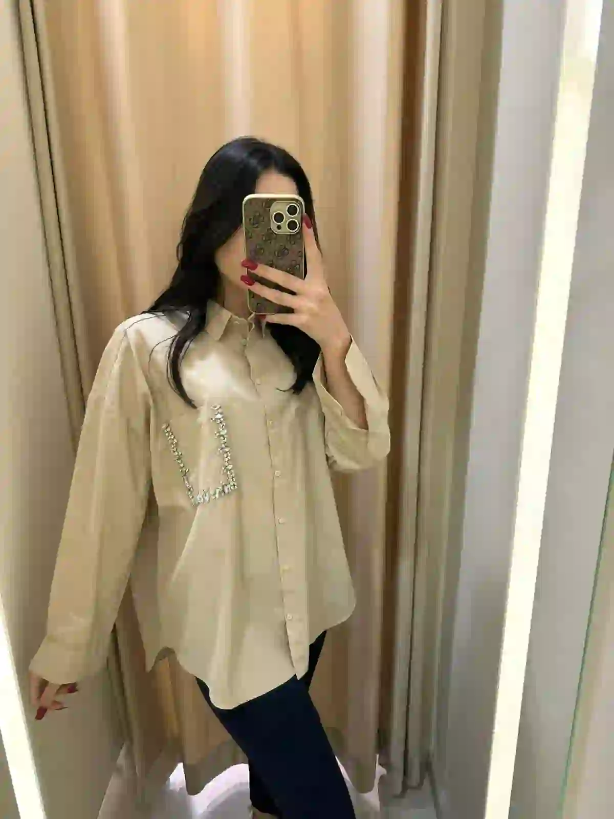 Oversize Πουκαμισο Με Στρας- Μπεζ