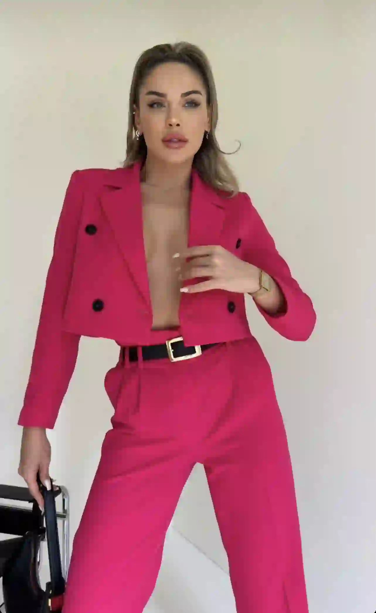 Crop Jacket & Palazzo Pant Set- Fuchsia