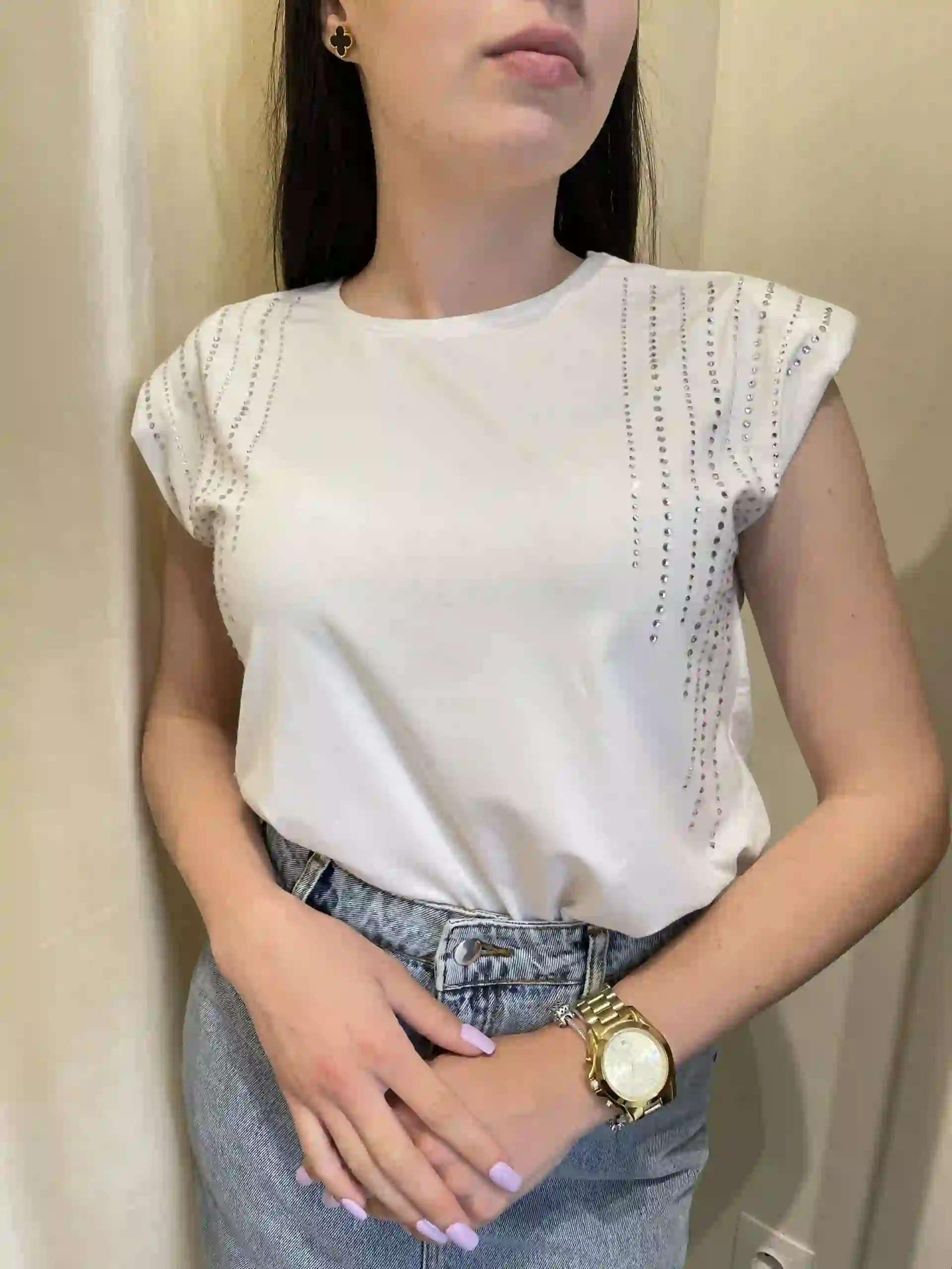 Κοντομάνικη Βαμβακερή Μπλούζα Με Βατες Και Στρας - Λευκό