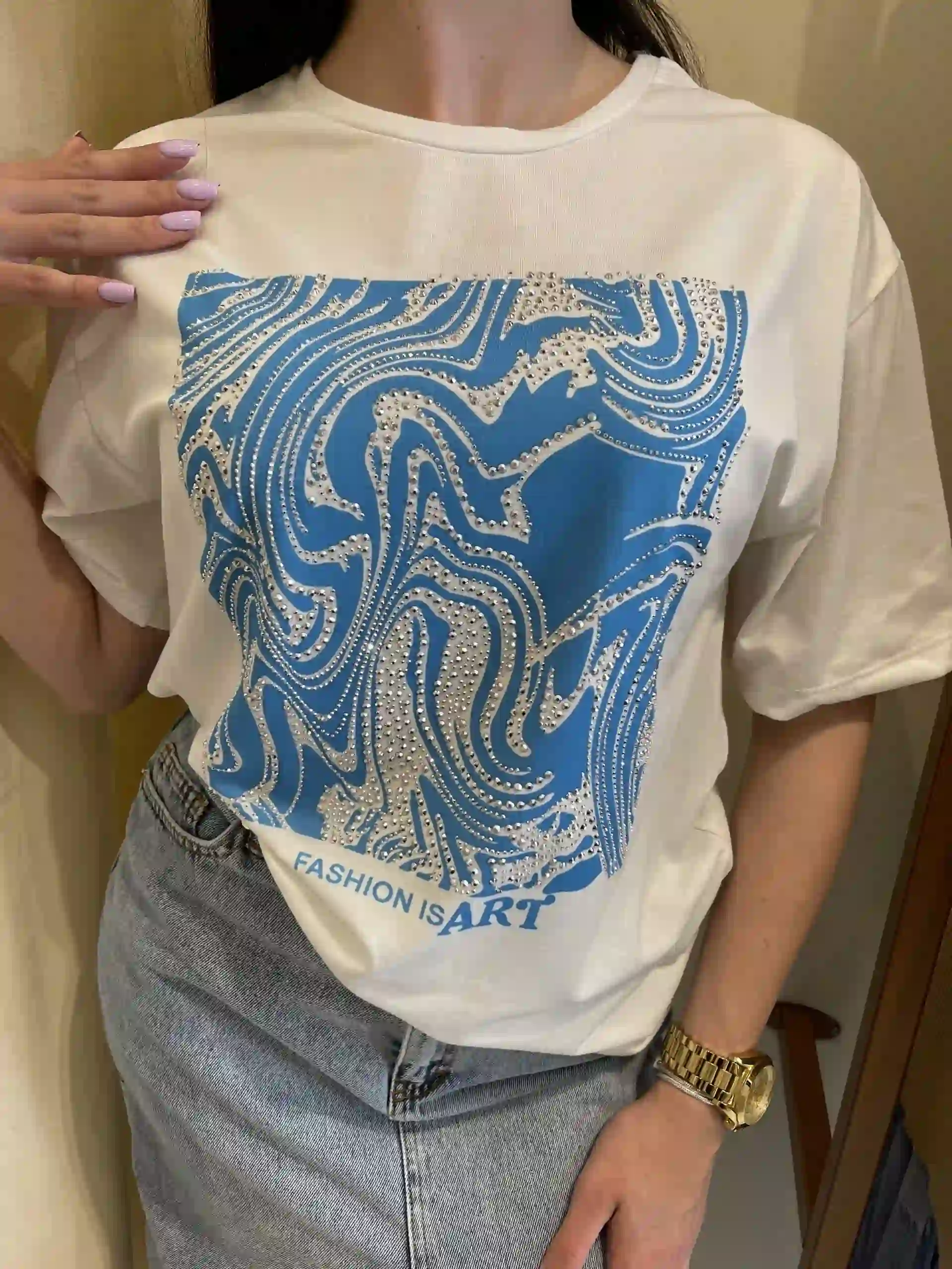 Κοντομάνικη Βαμβακερή Μπλούζα Με Στρας - Λευκό/Μπλε