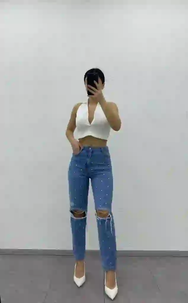 Mom Fit Τζιν Παντελονι Με Σκισιματα Και Στρας