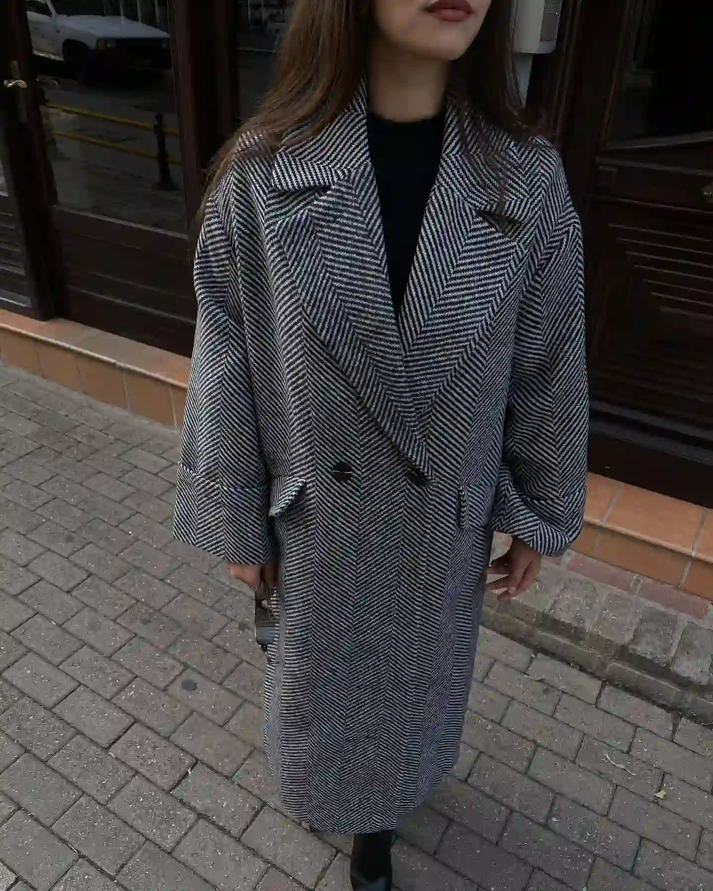 Ολόμαλλο Oversize Παλτό Ψαροκόκαλο/Γκρι