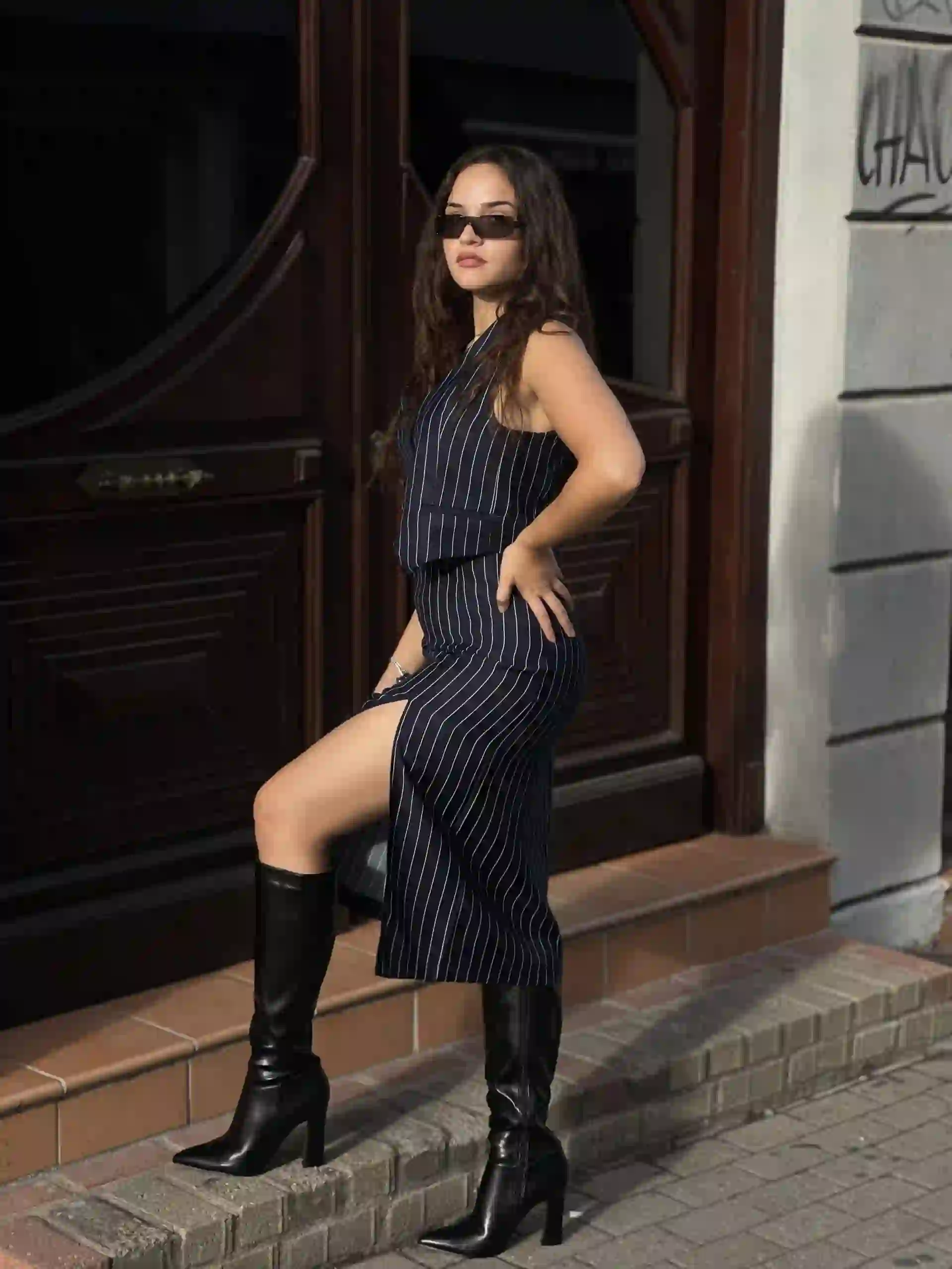 ◼️Ριγέ Φούστα Με Σκίσιμο Στο Πλάι / Ναυτικό Μπλε