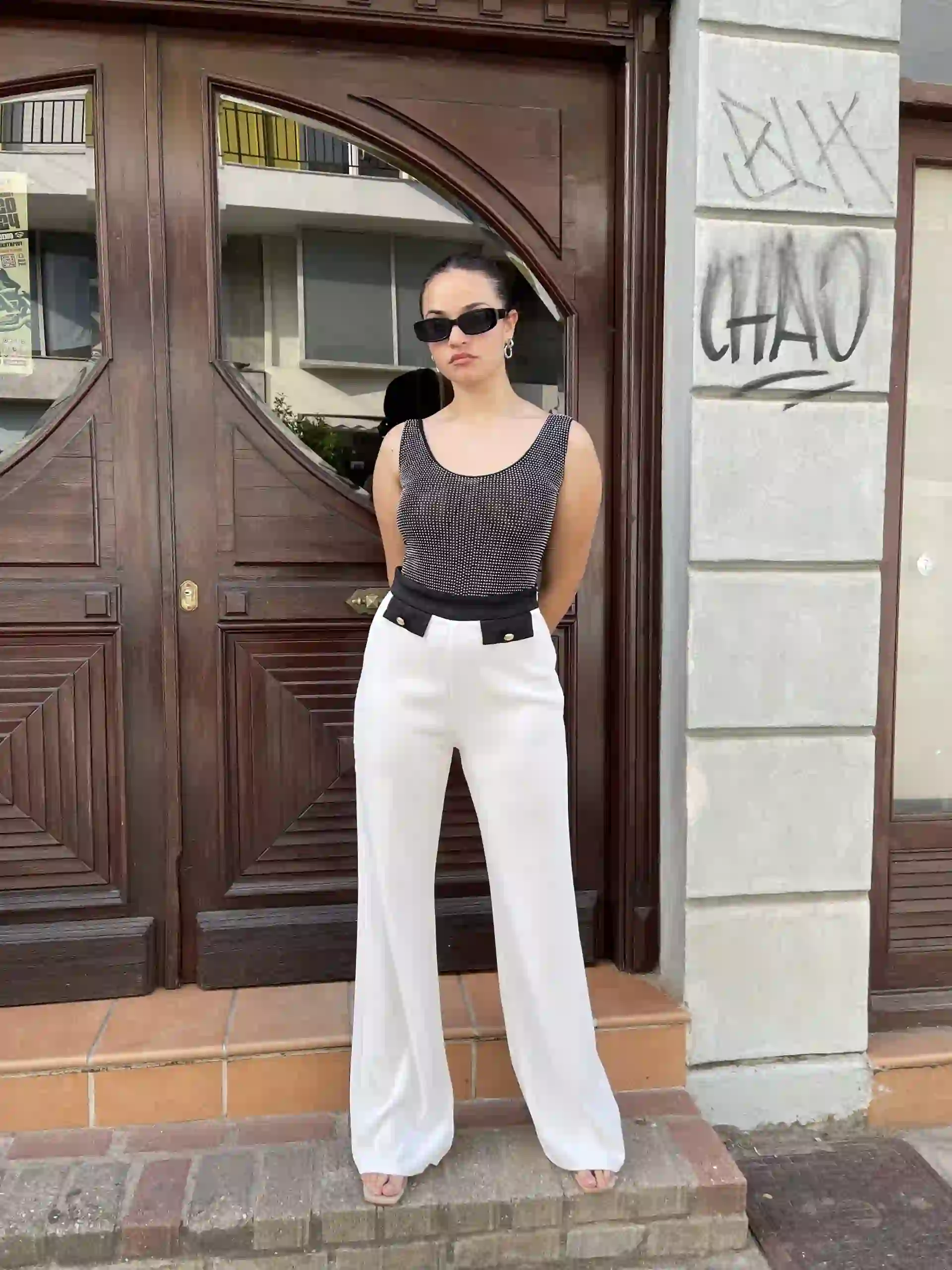 Κρεπ Υφασμα Παντελόνι με αντιθέσεις / Εκρού